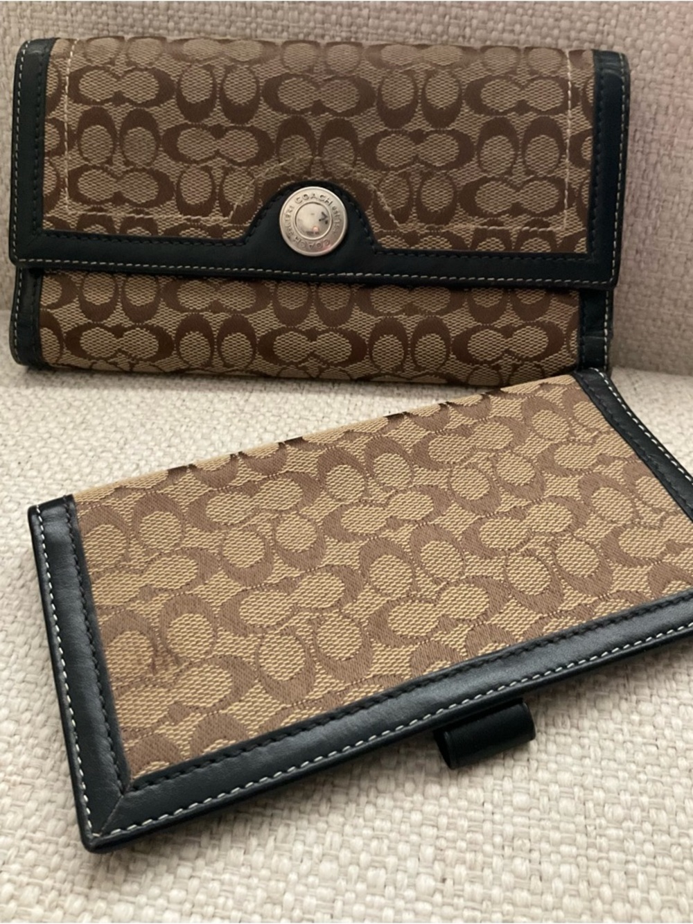 Coach Brown Signature Canvas Continental Wallet with Checkbook Cover